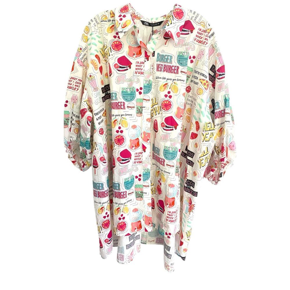 ZARA Oversized Cotton Food Print Button Down Shirt Size